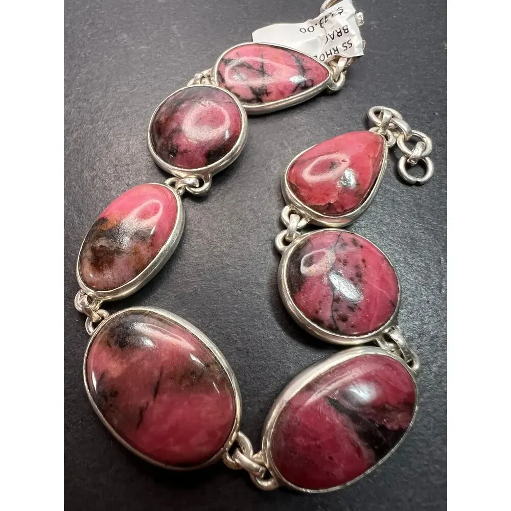 New Rhodonite free form sterling silver link bracelet